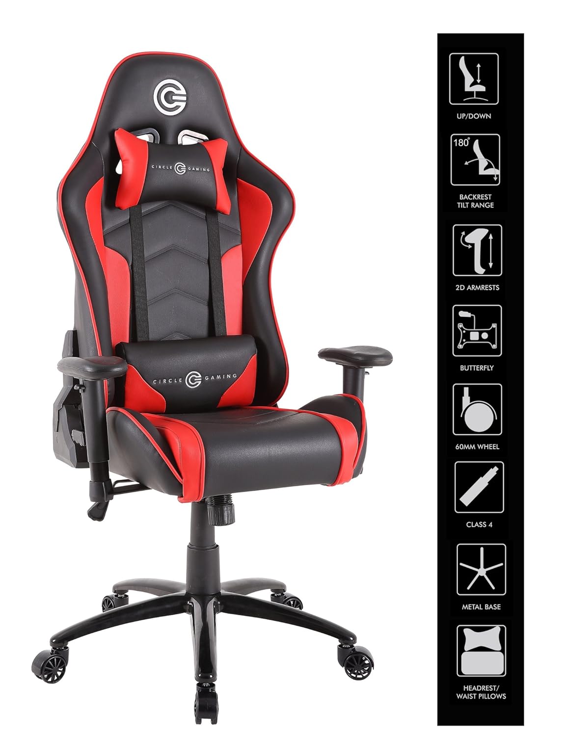 CIRCLE Gaming CH70 Red Black Chair with All-Moulded Foam, 2D Adjustable Armrests, PU + PVC Cover, 90-180° Adjustable Backrest, and Class 4 Gas Lift