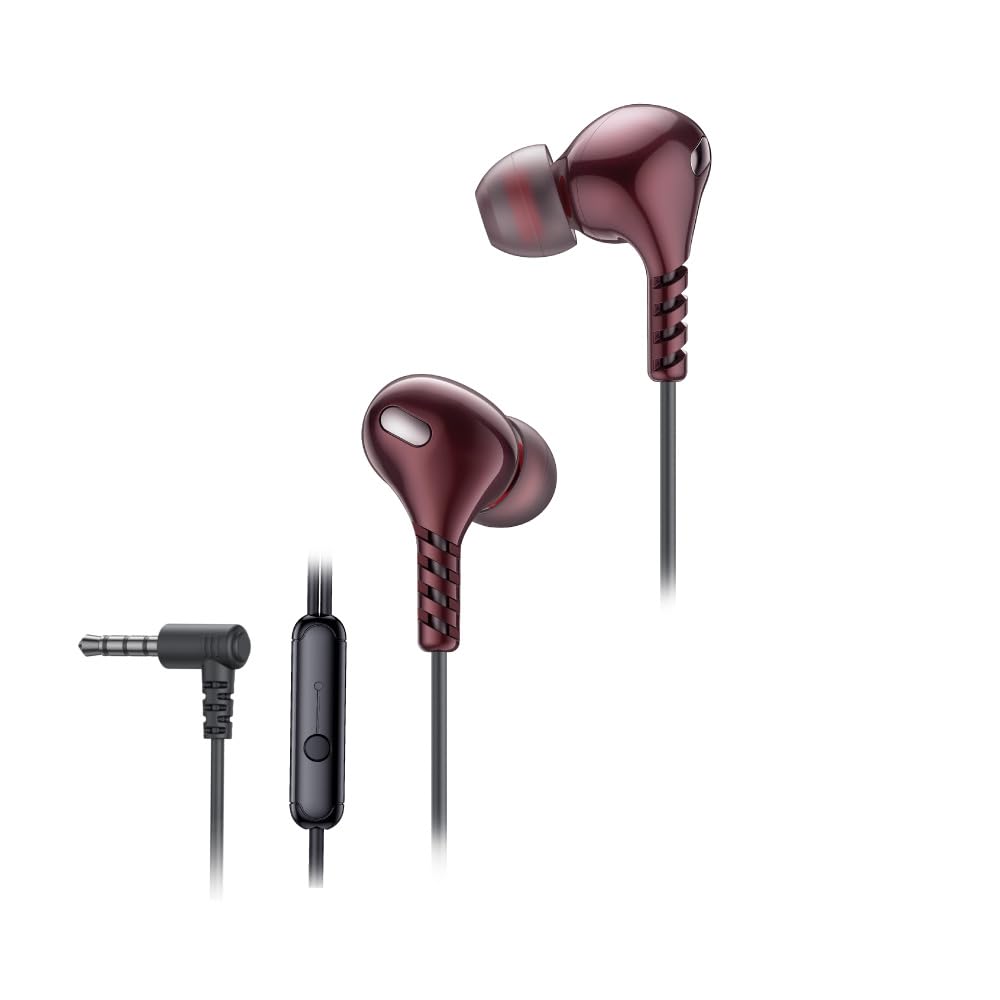 FINGERS SoundGlitz2 Wired Earphones (10 mm Neodymium Driver | Sturdy Cable with L-Pin Connector | Built-in Mic | Free Carry-on Zip Case) (Burgundy)