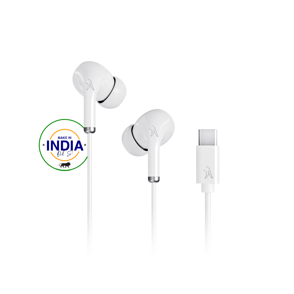 FINGERS AudioPop-C In-Ear Wired Earphones with Type-C Connector (Powerful Bass, 10mm Neodymium Drivers, In-Built Mic with Controller, 1.2m Sturdy Cable, FREE Zip Case) - Classic White