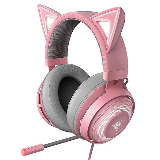 Razer Kraken Kitty RGB USB Gaming Headset - THX 7.1 Spatial Surround Sound, Chroma RGB Lighting, Retractable Active Noise Cancelling Mic, Lightweight Aluminum Frame - For PC - Quartz Pink (B0-7XYP-XB9P)