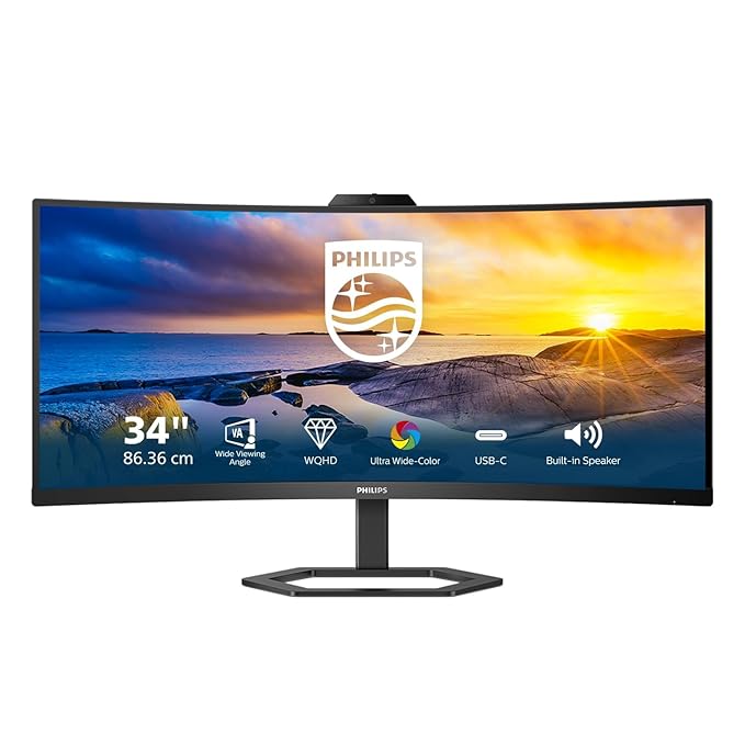 PHILIPS 34E1C5600HE/94 5000 Series 34" (86.36 cm) WQHD Monitor | 3440 x 1440 Resolution | Built-in Webcam & Multi View || Enhanced Collaboration with VA Display