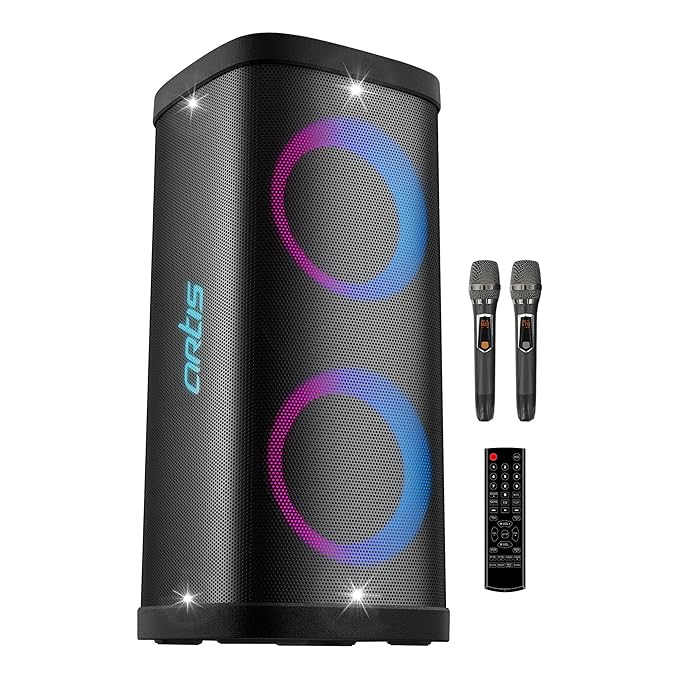Artis BT808 80W Wireless Bluetooth Party Speaker with Dual Wireless Mics | FM | USB | AUX | Mobile Stand