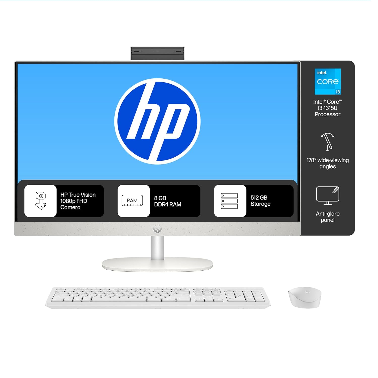 HP AIO, 13th Gen Intel Core i3-1315U,(8GB DDR4,512GB SSD) 300 nits, Anti-Glare, 23.8inch(60.5cm) FHD, Win11, M365, Office24, Shell White, 5.27kg, FHD IR tilt Camera w/Privacy Shutter, 24-cr0901in