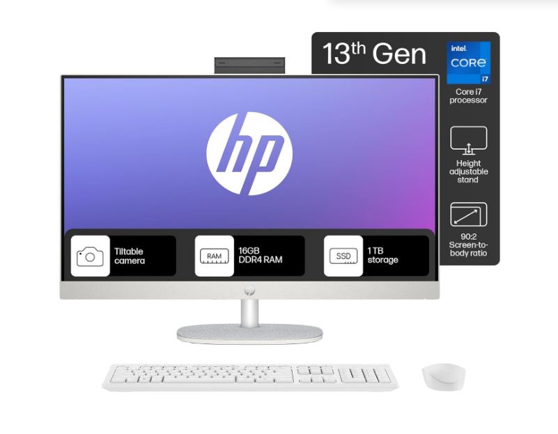 HP All-in-One PC 13th Gen Intel Core i7 27 inch(68.6cm) FHD 16GB RAM, 1TB SSD, Intel UMA Graphics, HP 710 White Wireless Keyboard and Mouse Combo (Win 11, MSO 21, Shell White, 6.72 Kg) 27-cr0403in
