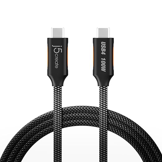j5create USB4 Gen 3 Full-Featured USB-C Braided Cable – 3.9ft (1.2m), 40Gbps, 100W PD, Black (JUCX27L12)