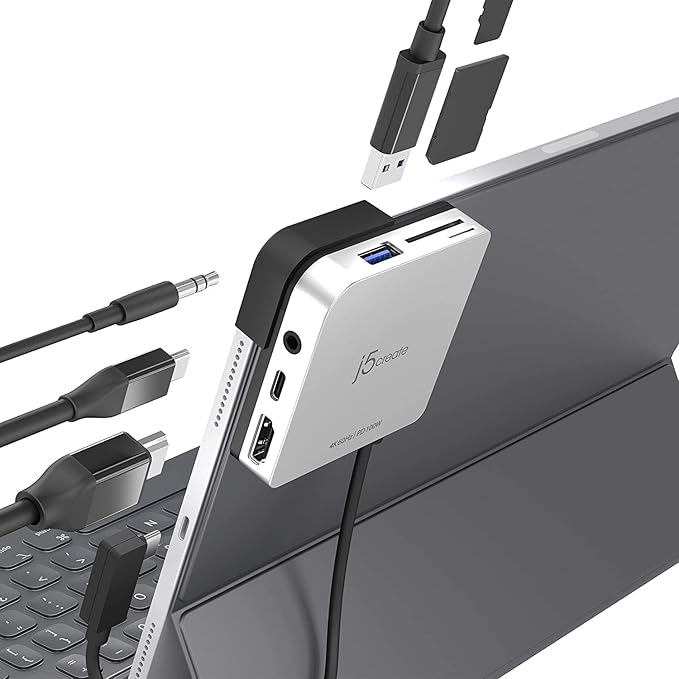 j5create JCD612 USB-C 6-in-1 Travel Dock for iPad Pro 12.9”/11” | 4K@60Hz HDMI, 100W PD, USB-A, SD/microSD, Audio Jack