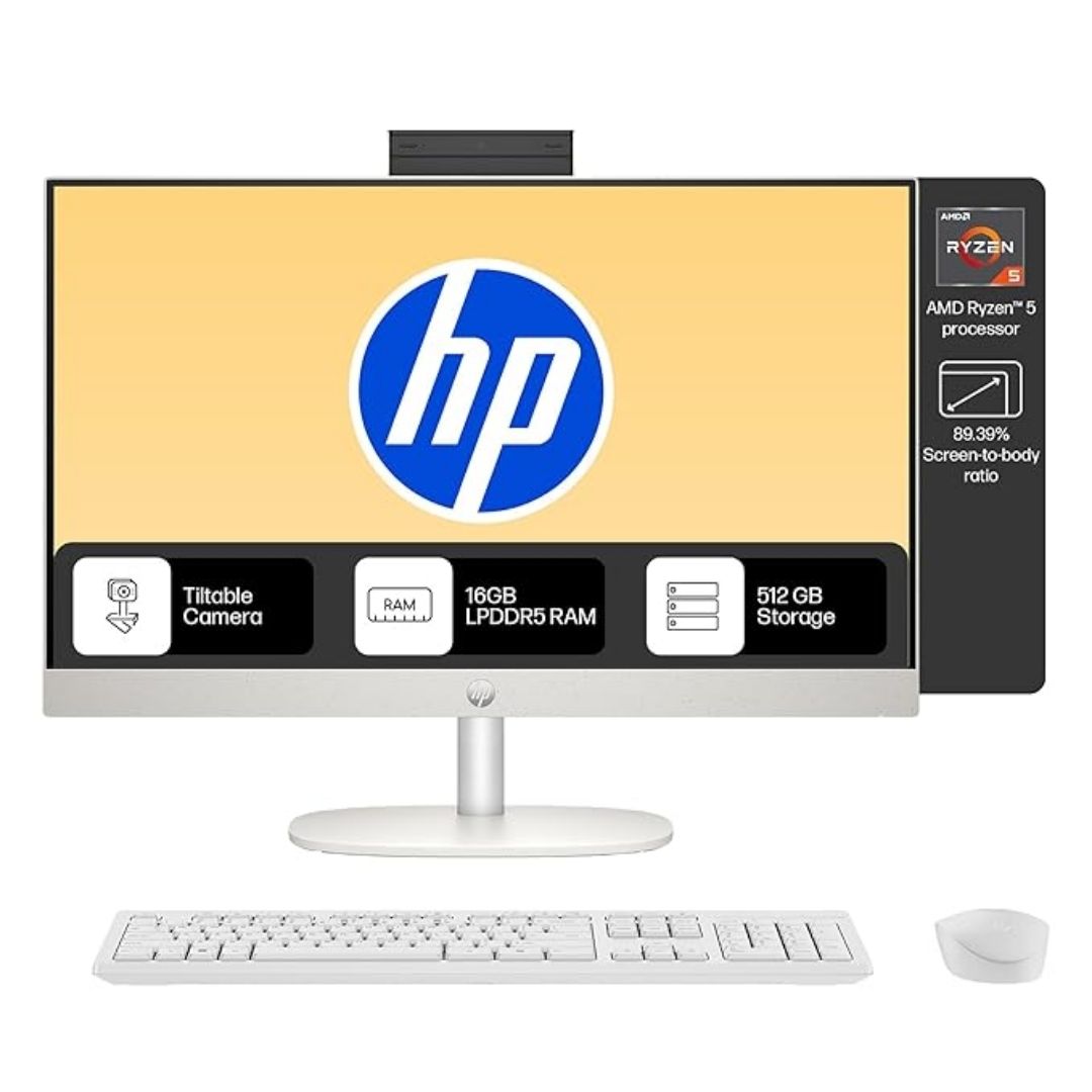 HP All-in-One 24-cr0025in Desktop PC (AMD Ryzen 5 7520U / 16GB LPDDR5 RAM / 512GB SSD / 23.8" FHD Display / Dual Speakers / Windows 11 + MS Office / Shell White)