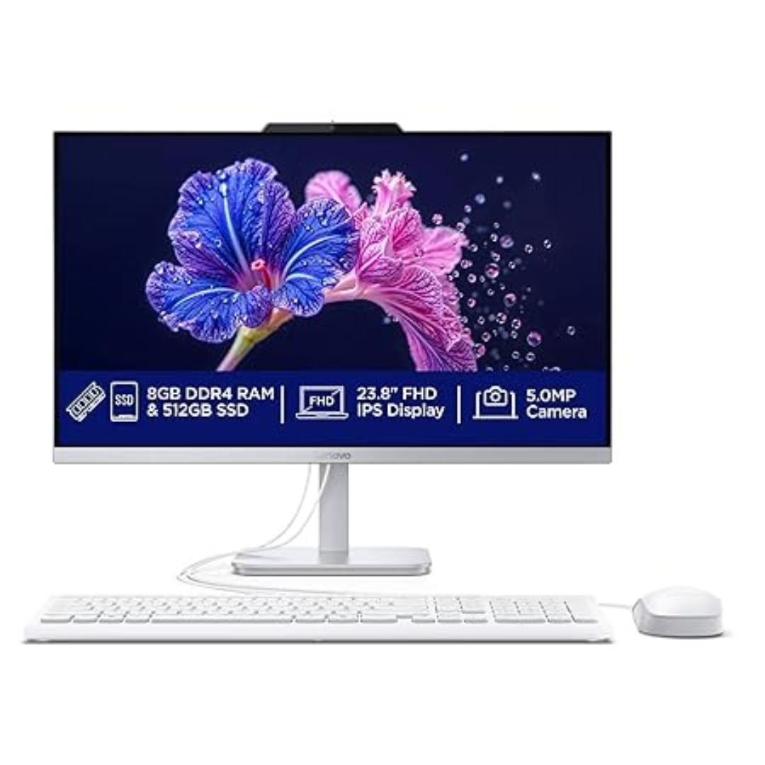 Lenovo AIO A100 F0J6005FIN All-in-One Desktop | Intel N100 | 23.8" FHD 3-Side Edgeless Display | 8GB RAM | 512GB SSD | Windows 11 + MS Office 2024 | 5MP Camera | Keyboard & Mouse Bundle