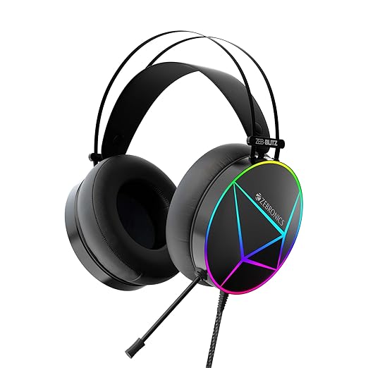 Zebronics Zeb-Blitz USB Over-Ear Gaming Headphone | Dolby Atmos | RGB LED | Simulated 7.1 Surround Sound | 2.4m Braided Cable | Flexible Mic | Padded Headband & Ear Cushions | Black