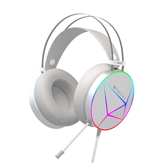 Zebronics Zeb-Blitz USB Over-Ear Gaming Headphone | Dolby Atmos | RGB LED | Simulated 7.1 Surround Sound | 2.4m Braided Cable | Flexible Mic | Padded Headband & Ear Cushions | white