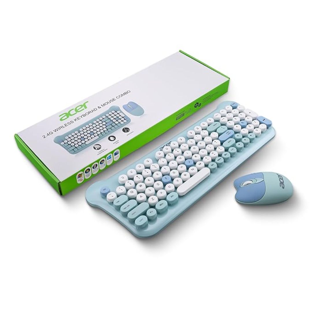 Acer CUTEO 2.4GHz Wireless Keyboard & Mouse Combo | Retro Round Keys | 98 Keys with Multimedia Shortcuts | 1200 DPI High-Precision Mouse | Compact & Stylish Design | Color Blue