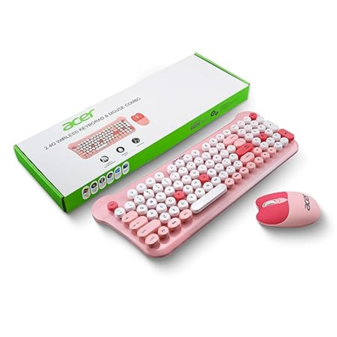 Acer CUTEO 2.4GHz Wireless Keyboard & Mouse Combo | Retro Round Keys | 98 Keys with Multimedia Shortcuts | 1200 DPI High-Precision Mouse | Compact & Stylish Design | Color Pink