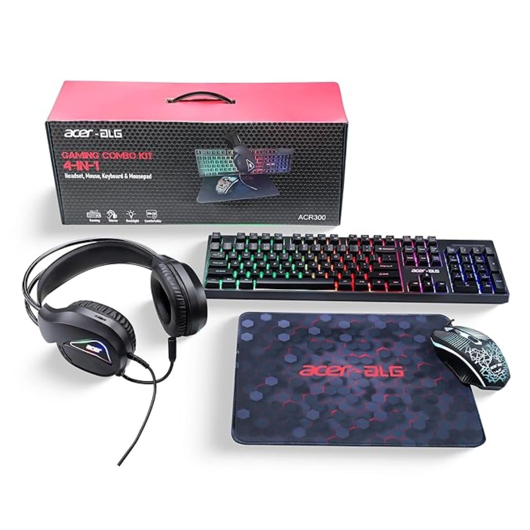 Acer 4-in-1 Wired Gaming Combo | 7-Color LED Backlit Keyboard | RGB Mouse (1200/1600/2400 DPI) | Premium Gaming Headset 50mm Driver | Fabric Weave Mousepad – Black