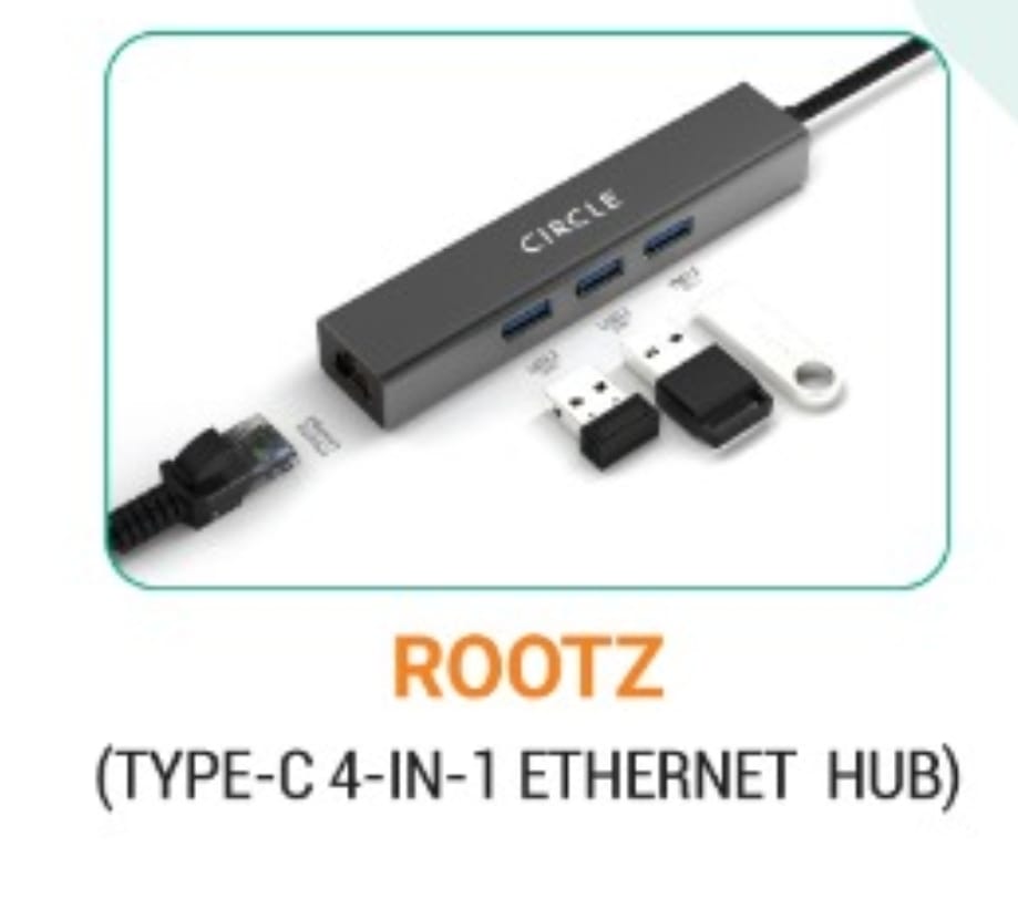 Circle Rootz type c 4-in-1 hub with ethernet usb c to 3 usb ports 1gbps lan adapter 10/100/1000 mbps
