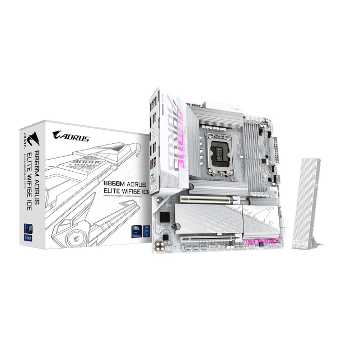 GIGABYTE B860M AORUS Elite WIFI6E ICE Intel Core Ultra (Series 2) LGA 1851 Motherboard, mATX, DDR5, 3X M.2, PCIe 5.0, USB-C, WIFI6E, 2.5GbE LAN, EZ-Latch