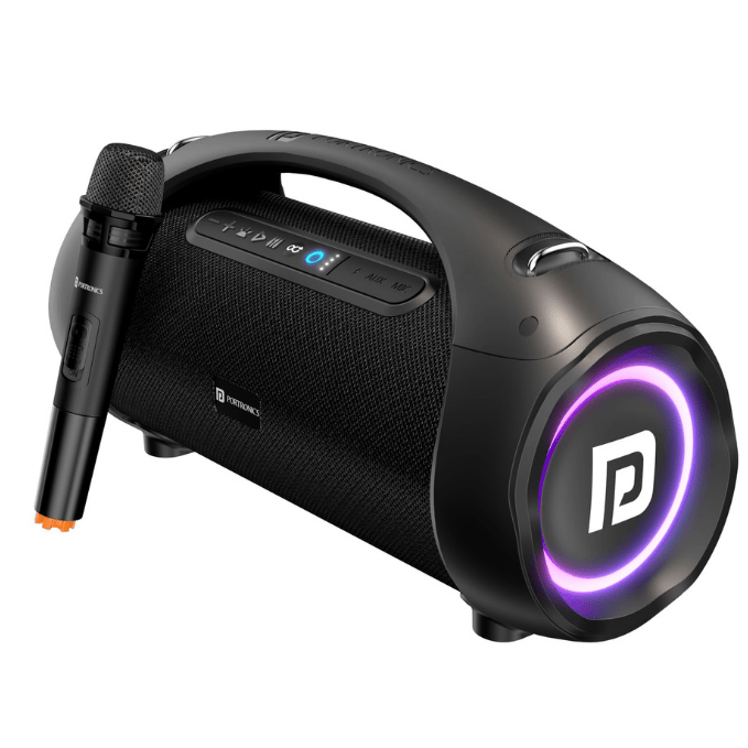 Portronics Dash 12 60W Wireless Bluetooth Party Speaker with Wireless Karaoke Mic, TWS Function, Multicolor LED Light, USB Pen Drive, Aux-in Slot, Upto 9Hrs Playtime(Black)