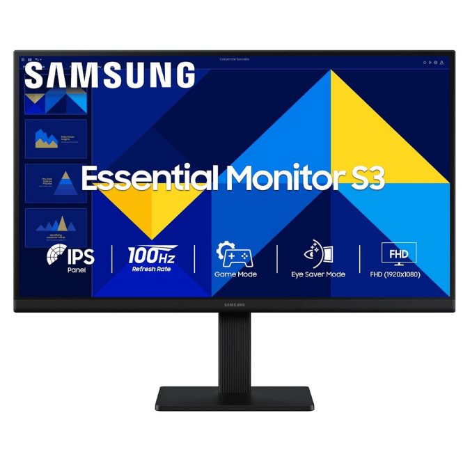 Samsung Essential S3 24 Inch Monitor, Full HD IPS Panel, 1920 x 1080 Resolution, 100Hz Refresh Rate, 5ms Response Time, HDMI VGA Monitor, Eye Saver Mode, Game Mode, Wall Mountable, Black, LS24D300GAWXXL