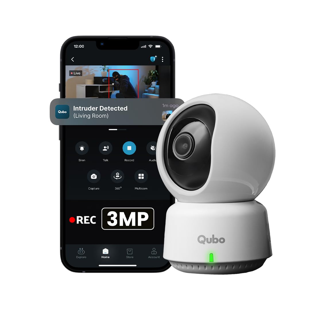 Qubo Smart 360° 3MP [2K] CCTV Camera | Wi-Fi Indoor Home Security Cam | AI Person Detection | Automatic Alarm | App Alerts | NightPulse Vision | SD & Cloud Storage | Made in India