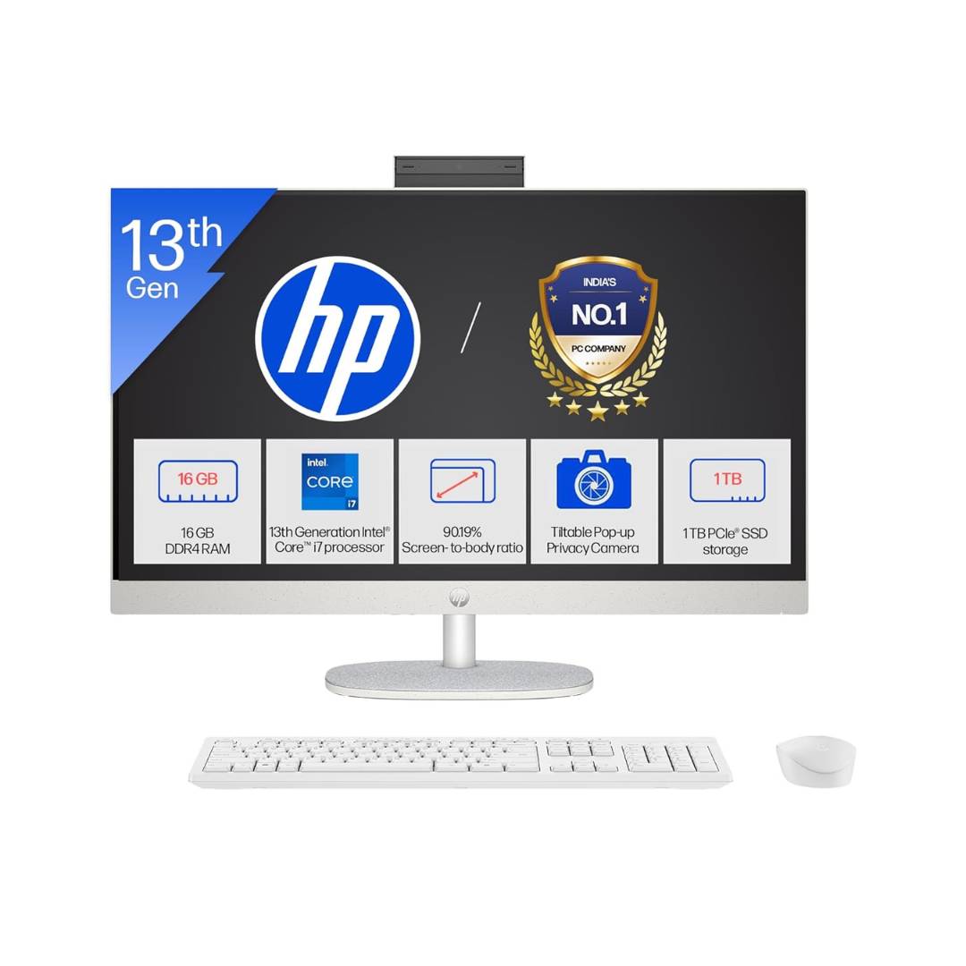 HP 27-cr0406in All-in-One Desktop PC, 13th Gen Intel Core i7-1355U, 16GB DDR4 RAM, 1TB SSD, 27 Inch FHD IPS Display, Integrated Graphics, Windows 11 Home, MS Office 2024, Wi-Fi 6, FHD IR Camera, White