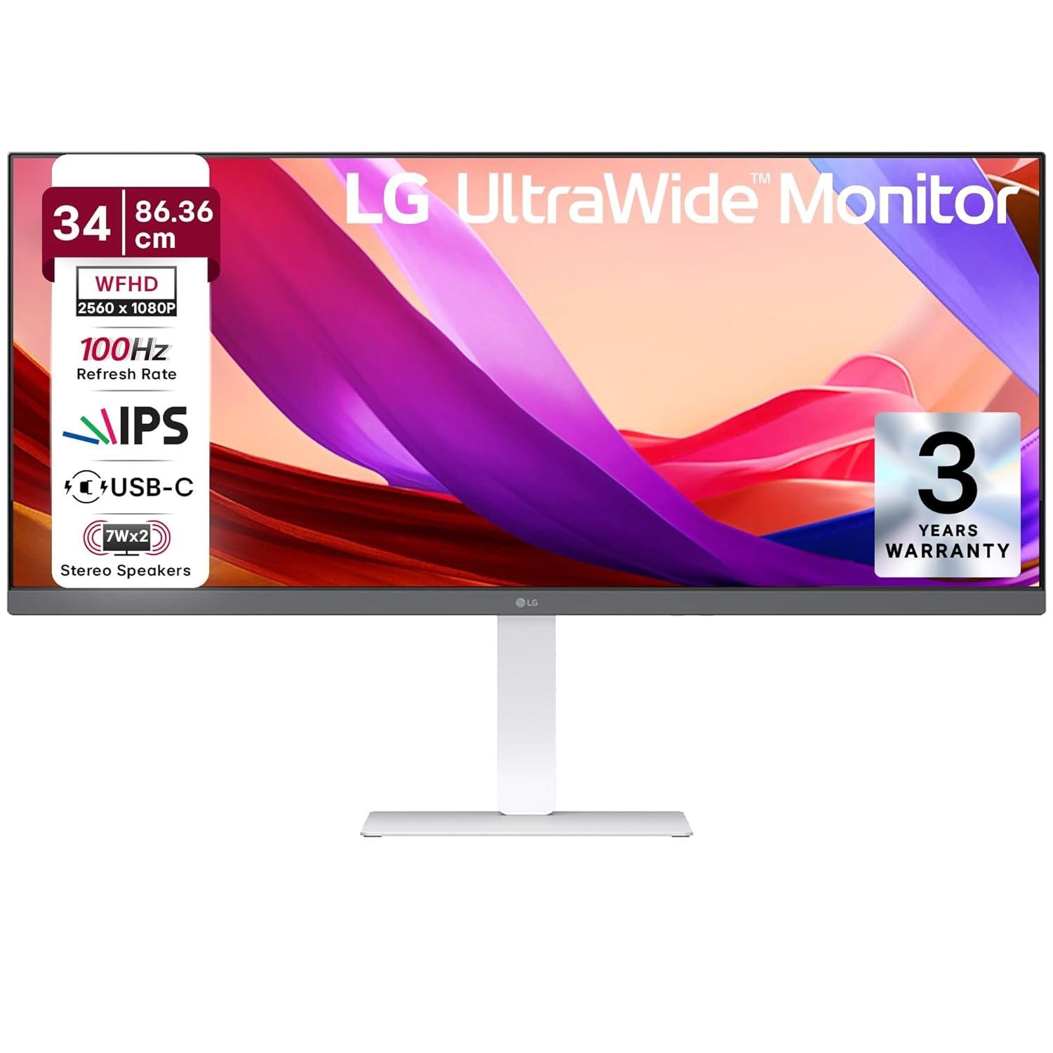 LG 34U530A-W UltraWide Monitor, 34 Inch WFHD 2560x1080 IPS Display, 100Hz Refresh Rate, USB-C, HDR400, Built-in Speakers, sRGB 99%, HDMI, DisplayPort, Height Adjustable Monitor, White