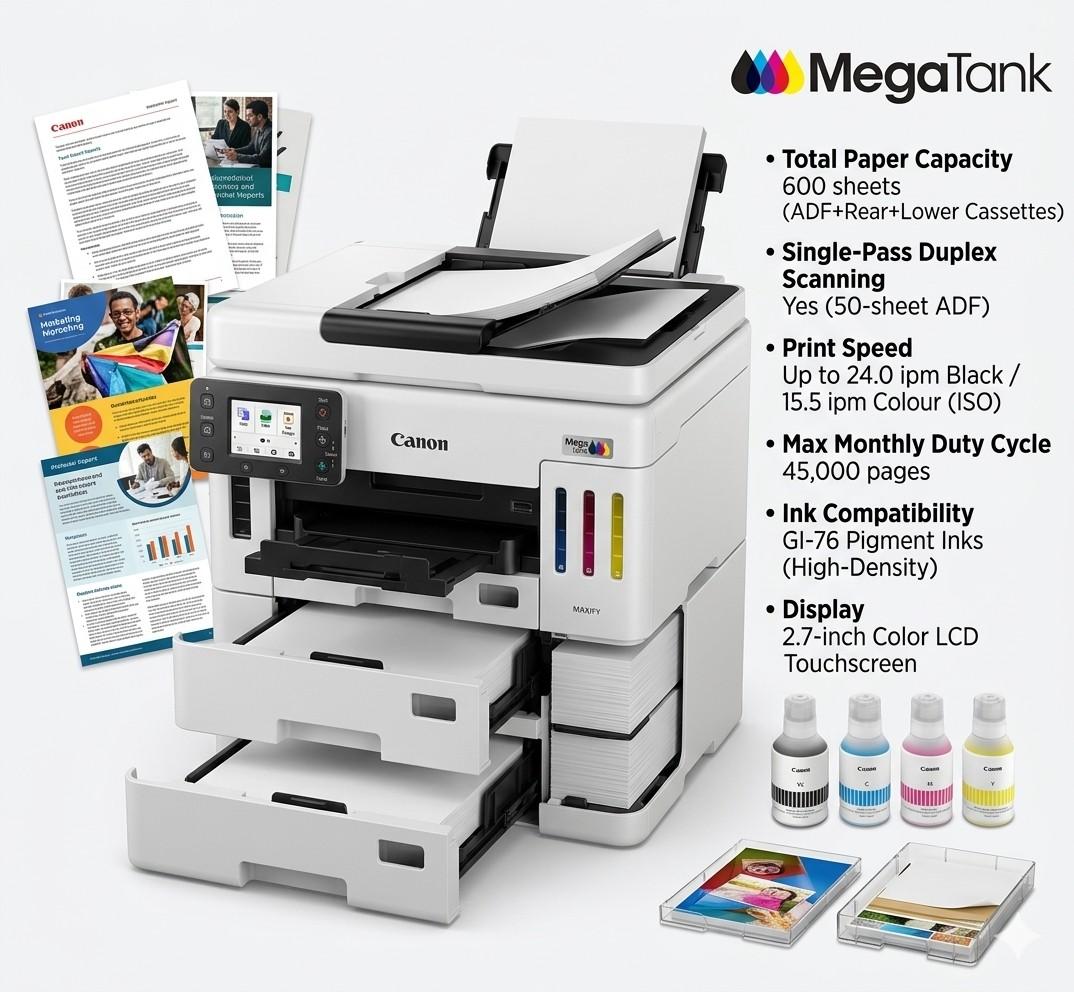Canon | MAXIFY | GX7170 | High-Speed | Business | MegaTank | Printer Ultra-low | printing | costs | with | duplex | print, | scan, | copy | & | fax, | designed | for | high-volume | office | productivity | and | professional-quality | output.