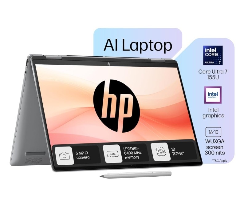HP Envy x360, Intel Core Ultra 7-155U AI Laptop (16GB RAM, 512GB SSD) Touchscreen 2-in-1, IPS, WUXGA, 14"/35.6cm, Win 11, MS Office 2021, Silver, 1.39Kg, Integrated Graphics, 5MP IR Camera, 14-FC0124TU