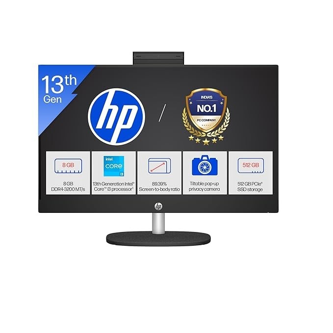 HP All-in-One 24-cr0903in Desktop PC, 23.8 Inch FHD IPS Display, Intel Core i3-1315U, 8GB DDR4 RAM, 512GB SSD, Windows 11 Home, Microsoft Office 2024, WiFi 6, Bluetooth 5.3, Wireless Keyboard and Mouse