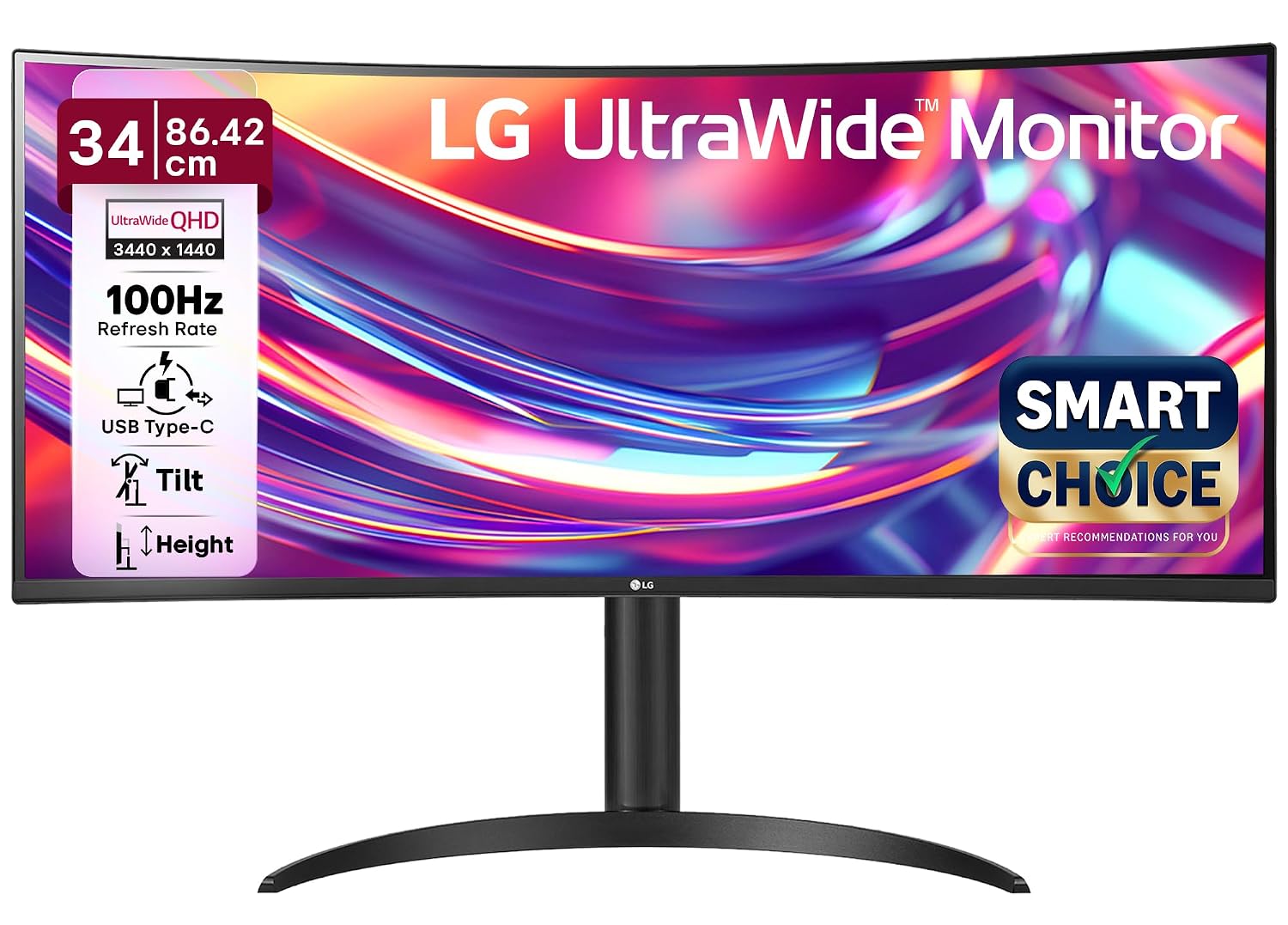 LG 34WR55QK Smartchoice 34-Inch UltraWide Curved Monitor, WQHD 3440x1440, 21:9 Aspect Ratio, 1800R Curvature, 99% sRGB, HDR10, USB-C 65W Power Delivery, 2x HDMI, DisplayPort, PBP, Height Adjustable Stand, Black